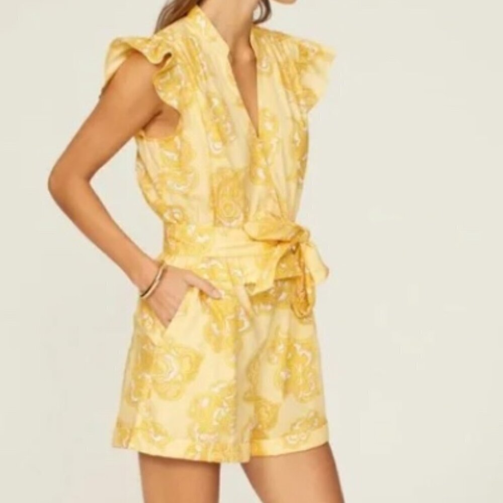 Derek Lam Collective Yellow White Print Romper Shorts Ruffle Wrap Size 0 36